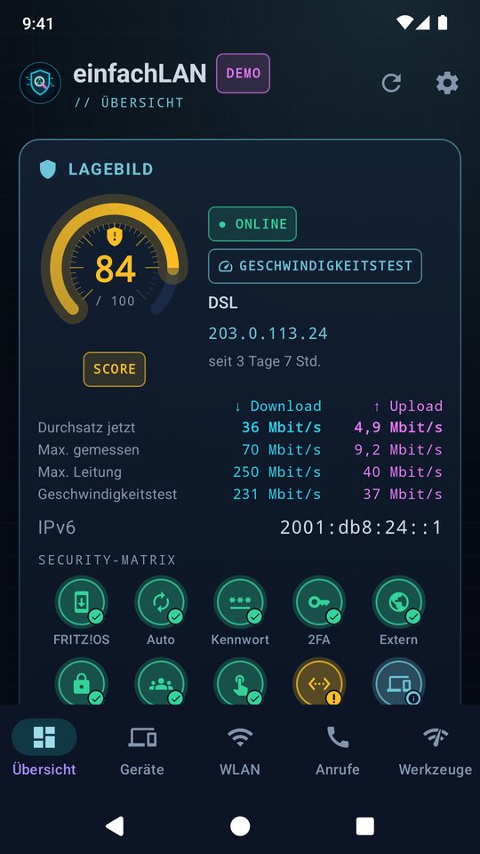 Lagebild der App mit Sicherheits-Score und Internetverbindung