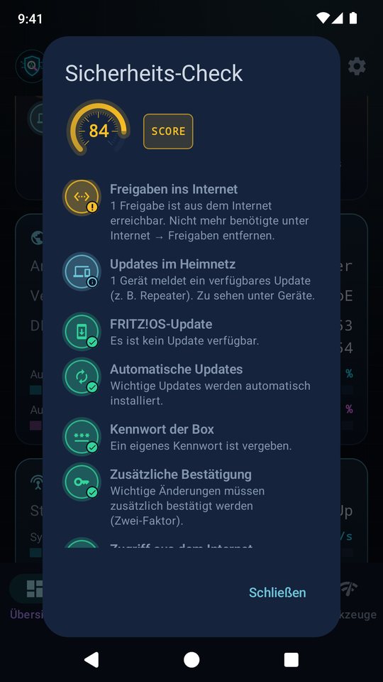 Sicherheits-Check mit Hinweisen zu Updates und Freigaben