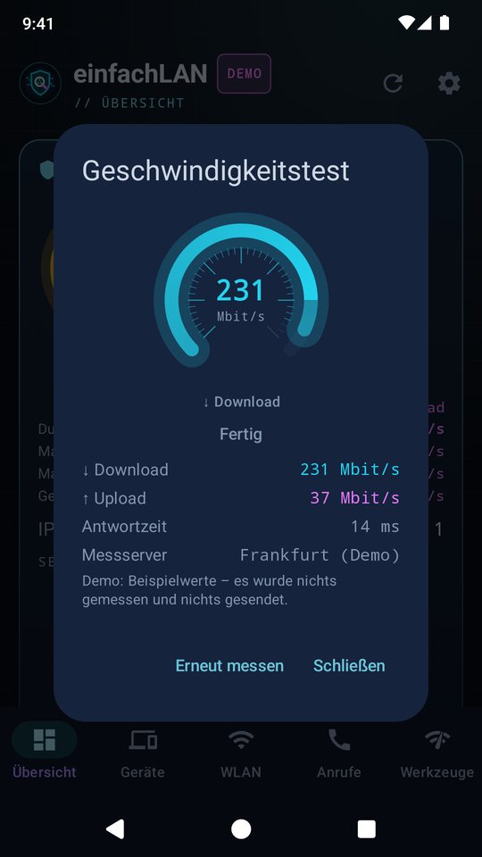 Geschwindigkeitstest mit Download, Upload und Antwortzeit